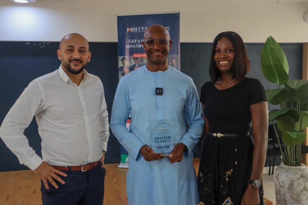 L-R: Jaouad Rahou, Chief Financial Officer, Miva Open University; Ladi Balogun, Group Chief Executive Officer, the FCMB Group; and Christiana Adebiyi, Senior Manager, Instructional Design, Miva Open University, at the masterclass at the Miva Open University Lagos Study Centre.