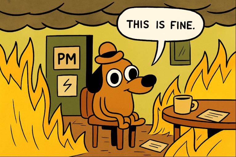 “This is fine” dog sitting in a burning room