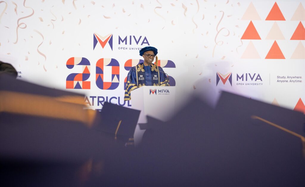 Sim Shagaya, Chancellor of Miva Open University and the GCEO of the uLesson Group, during his speech at the third Miva Open University Matriculation Ceremony in Abuja.